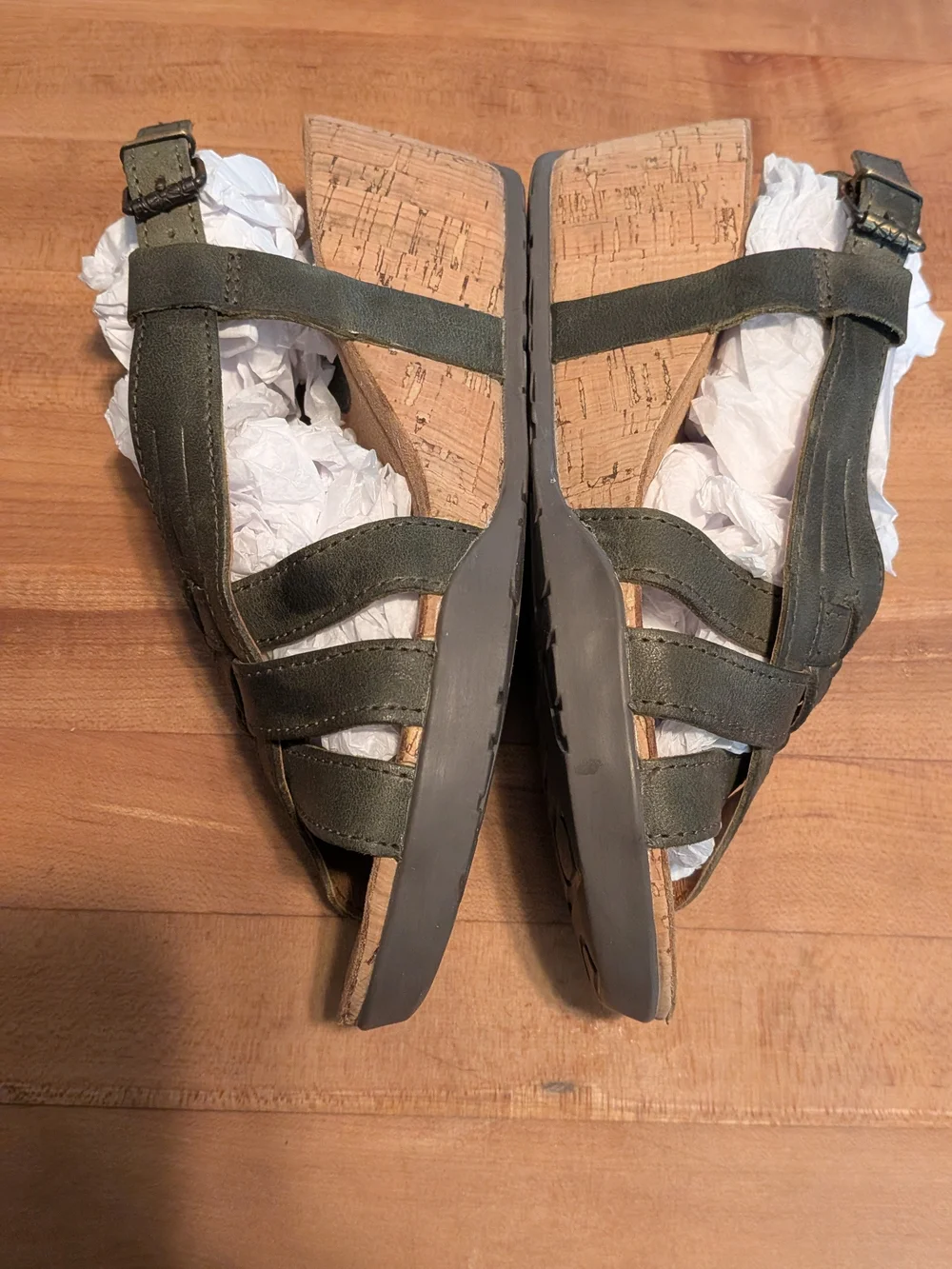 NWT Bussola Nynette Khaki Green Woven Leather Cork Wedge Sandals Size 37 (US 7)